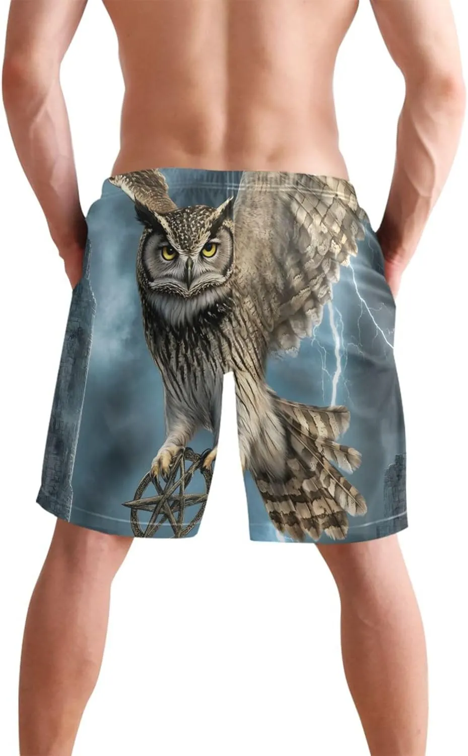 Majestic Owl Full Moon Swimming Shorts Beach Custom Cute Swim Trunks Men Quick Dry Elastic Waist S