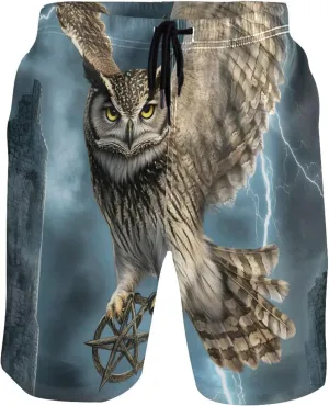 Majestic Owl Full Moon Swimming Shorts Beach Custom Cute Swim Trunks Men Quick Dry Elastic Waist S