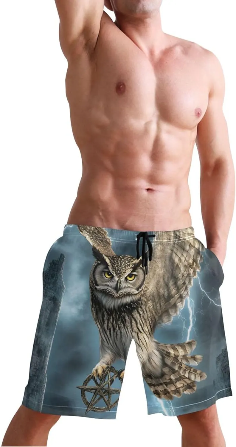 Majestic Owl Full Moon Swimming Shorts Beach Custom Cute Swim Trunks Men Quick Dry Elastic Waist S