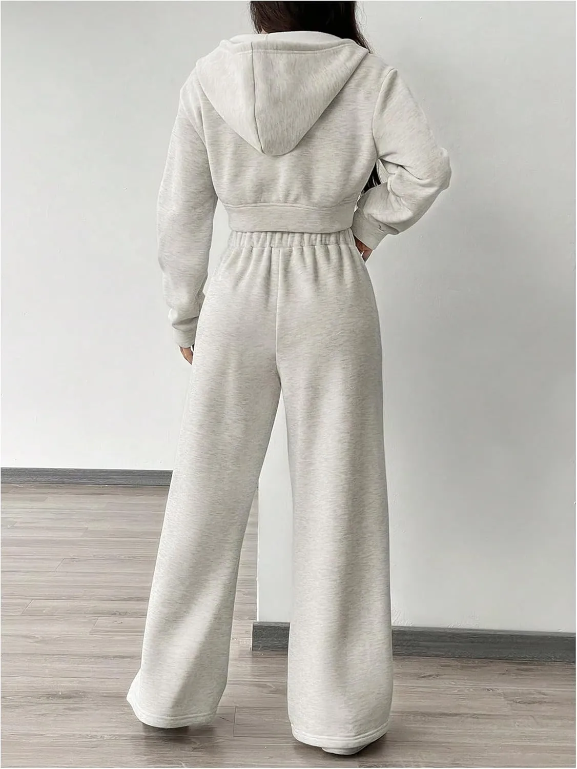 MakeMeChic Women's 2 Piece Outfits Full Zip Long Sleeve Cropped Hoodie and Wide Leg Sweatpants Set