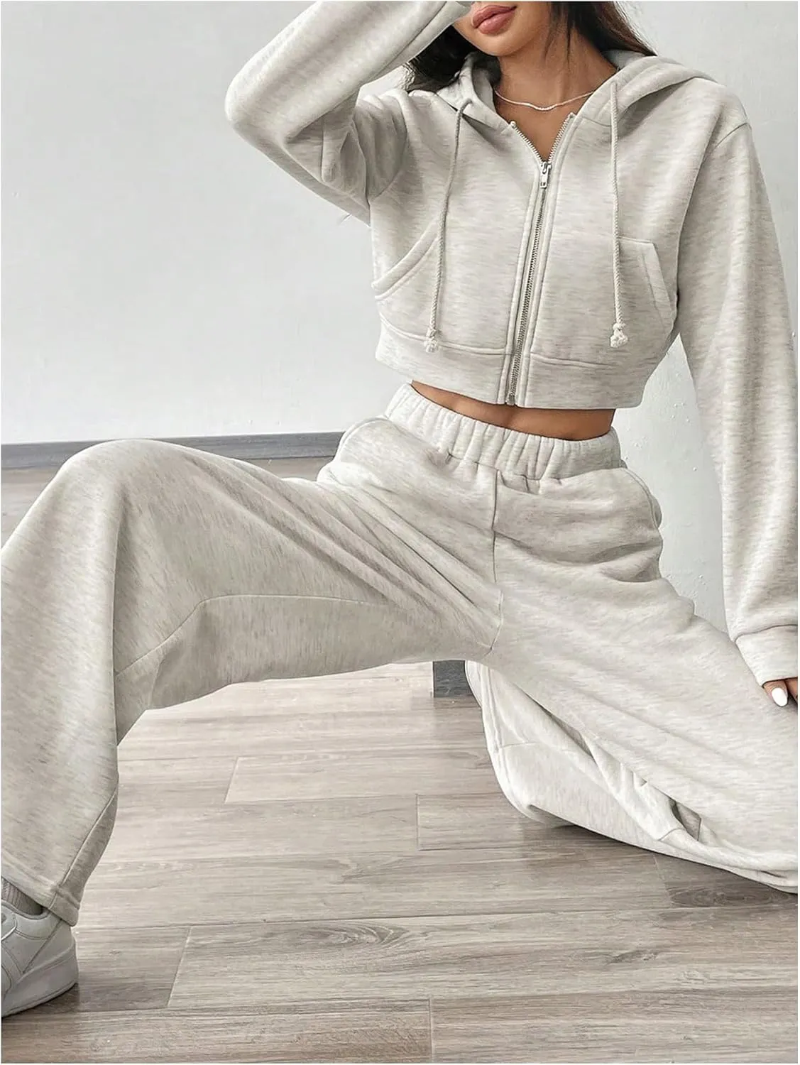 MakeMeChic Women's 2 Piece Outfits Full Zip Long Sleeve Cropped Hoodie and Wide Leg Sweatpants Set