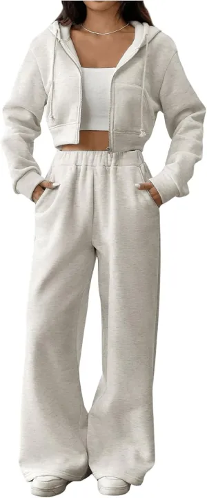 MakeMeChic Women's 2 Piece Outfits Full Zip Long Sleeve Cropped Hoodie and Wide Leg Sweatpants Set