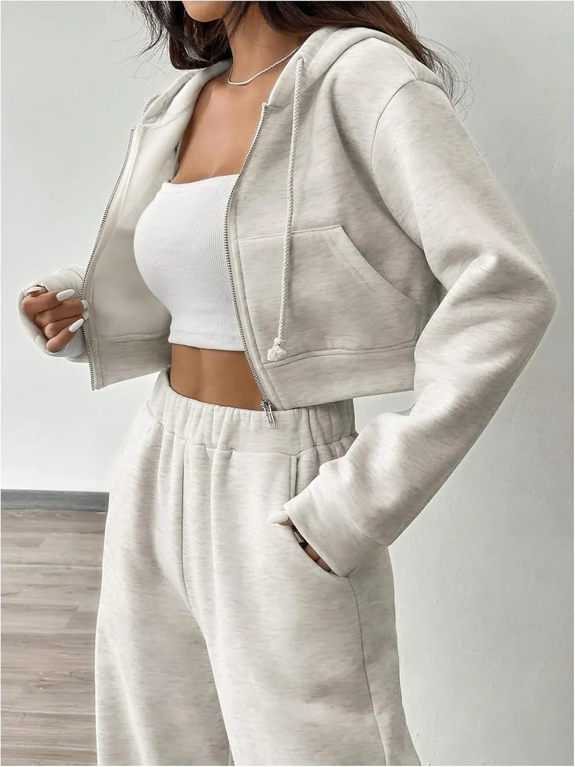 MakeMeChic Women's 2 Piece Outfits Full Zip Long Sleeve Cropped Hoodie and Wide Leg Sweatpants Set