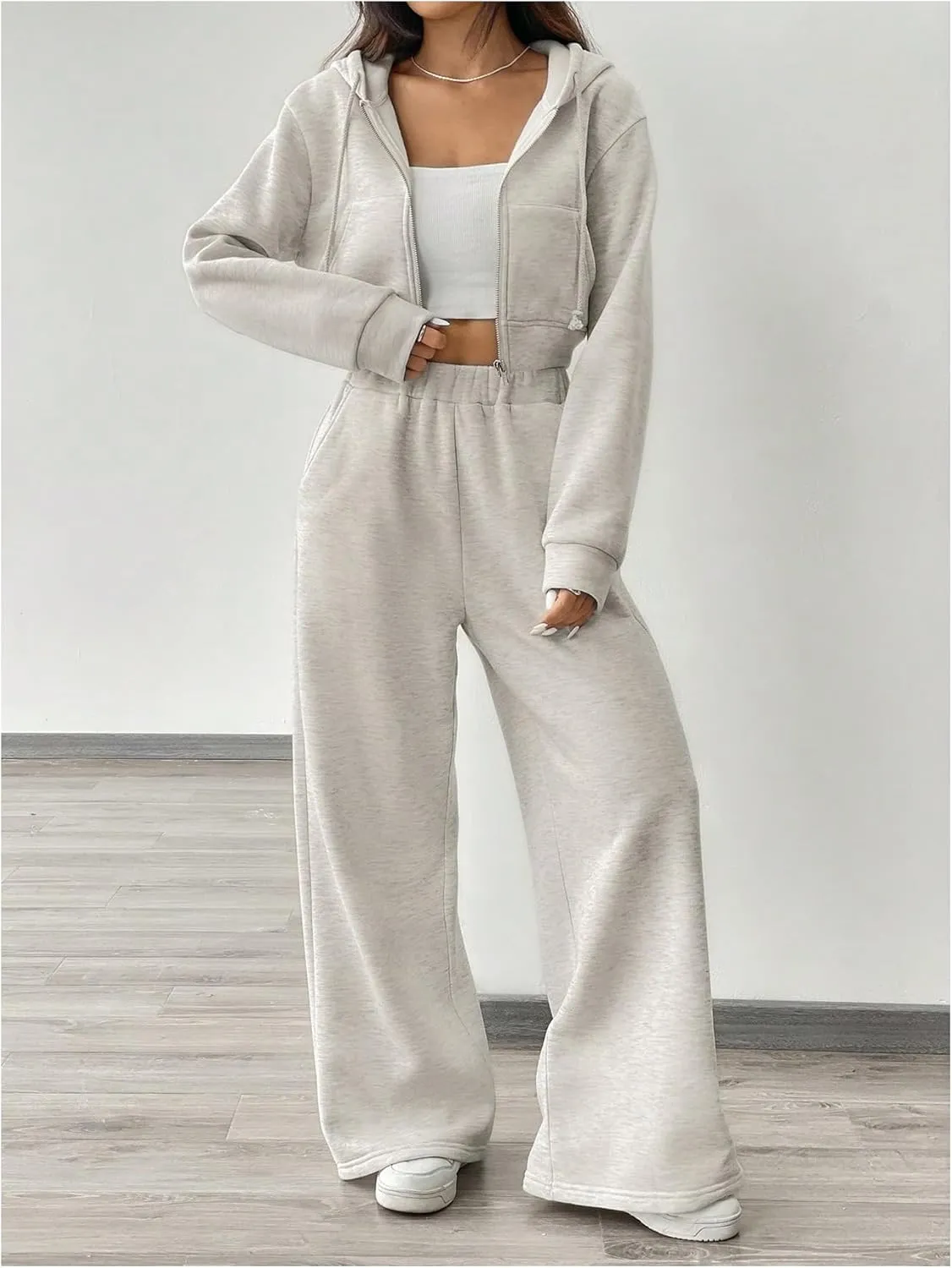 MakeMeChic Women's 2 Piece Outfits Full Zip Long Sleeve Cropped Hoodie and Wide Leg Sweatpants Set