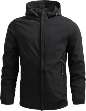 Men Lightweight Hooded Bomber Jacket Windbreaker Water-Resistant Ski Coat Baseball Raincoat Fleece Parka for Fishing Travel