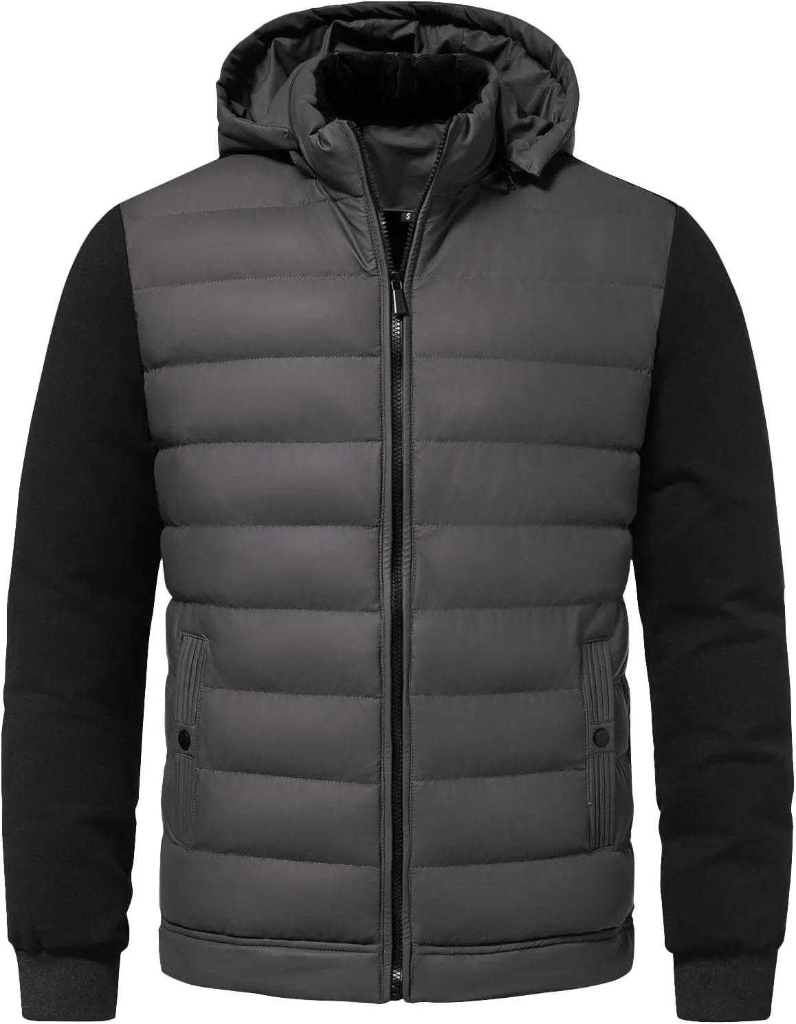 Men Puffer Jacket Hooded Full Zip Water-Resistant Puffy Jacket Quilted Lined Winter Down Coats Outerwear with Pockets
