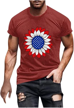 Men's American Flag Muscle T-Shirt Workout Crewneck Star Stripes Sunflower Graphic Tees Short Sleeve Casual Patriotic Tops