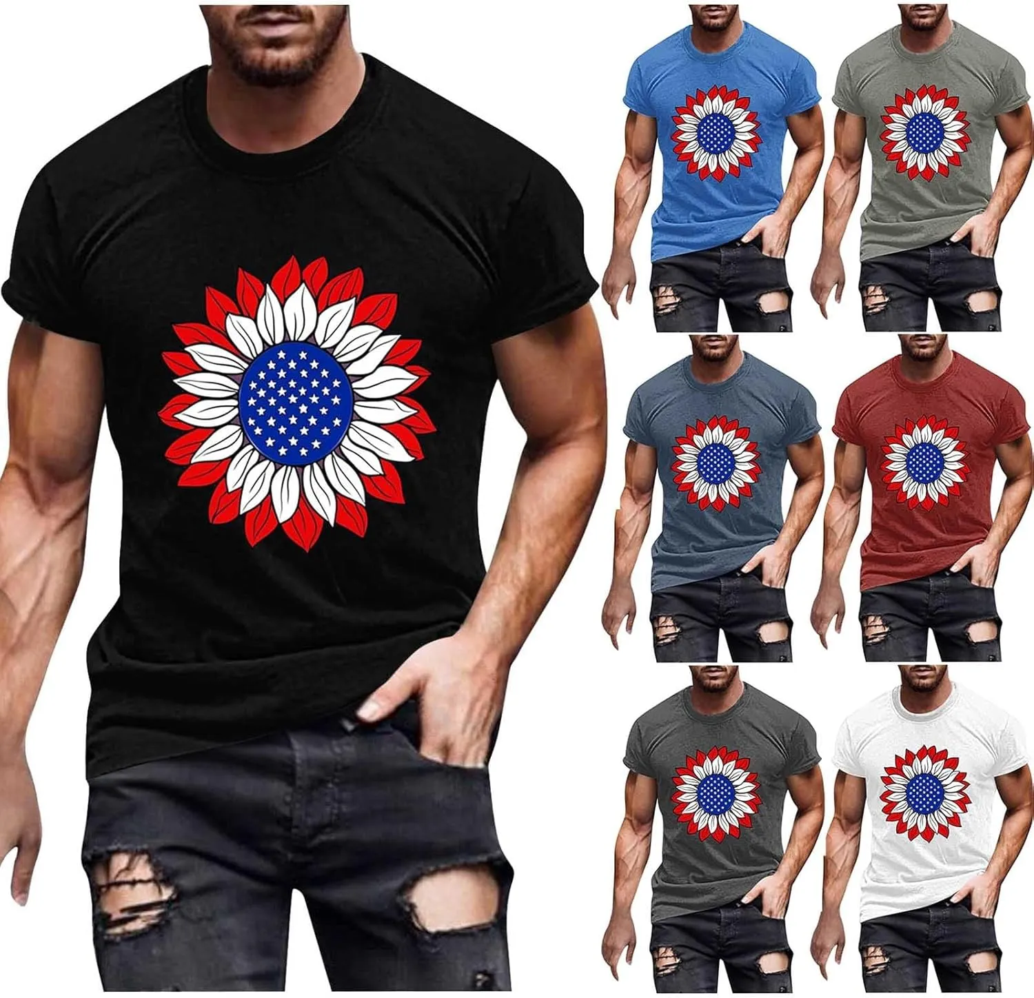Men's American Flag Muscle T-Shirt Workout Crewneck Star Stripes Sunflower Graphic Tees Short Sleeve Casual Patriotic Tops