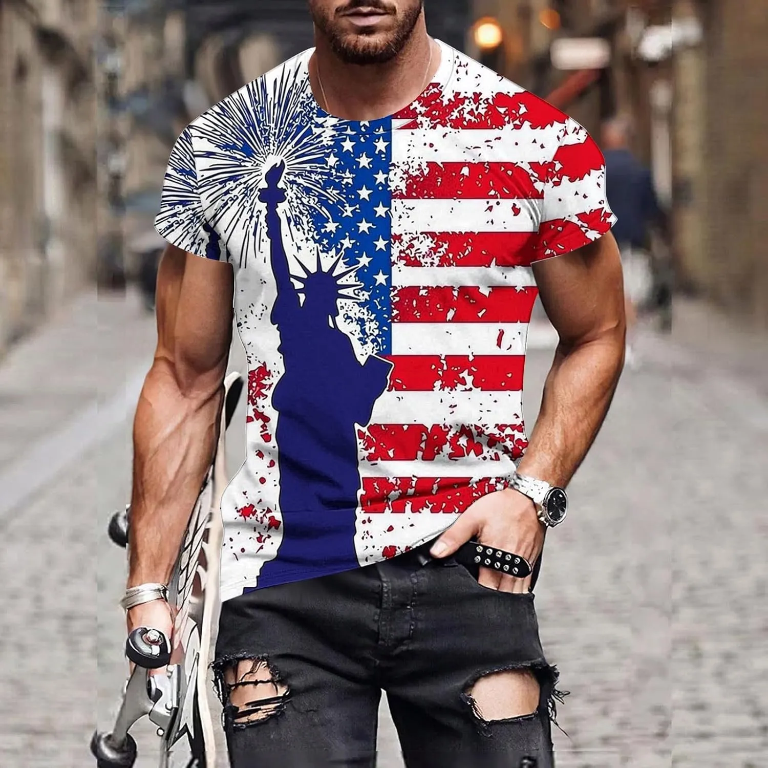 Men's American Flag Print Golf T-Shirt Casual Short Sleeve Summer Zip Up Lapel Beach Muscle Tee Shirts