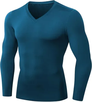 Men's Athletic Compression Shirt - V Neck Long Sleeve Workout Running Base Layer Tops Cool Dry T-Shirt Gym Undershirts