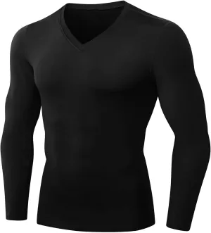 Men's Athletic Compression Shirt - V Neck Long Sleeve Workout Running Base Layer Tops Cool Dry T-Shirt Gym Undershirts