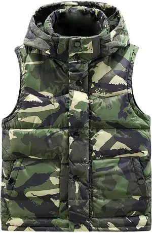 Mens Camo Puffer Vest Stand Collar Sleeveless Hoodies Running Vest Winter Zipper Quilted Jacket Outdoor Down Vest