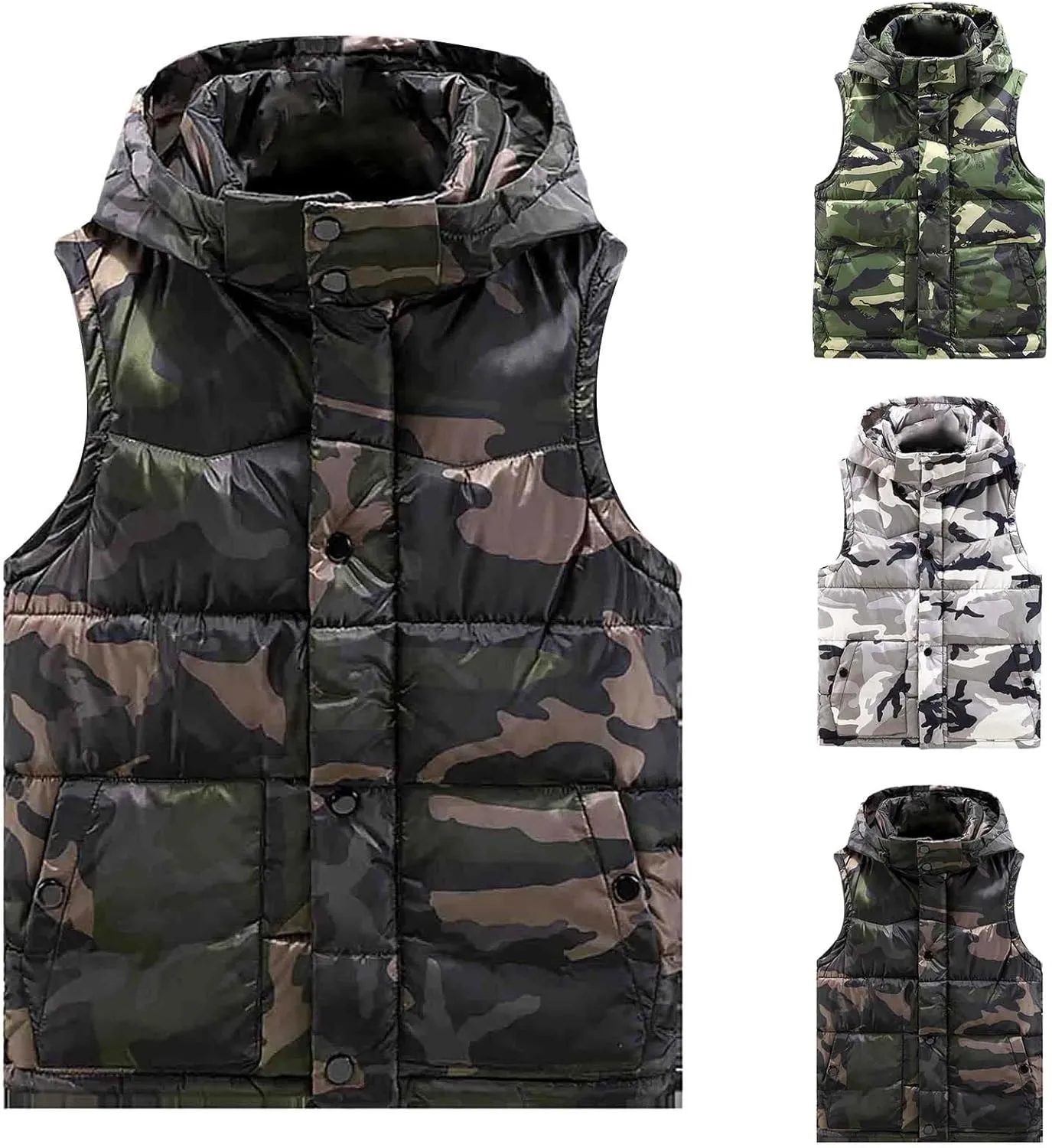 Mens Camo Puffer Vest Stand Collar Sleeveless Hoodies Running Vest Winter Zipper Quilted Jacket Outdoor Down Vest
