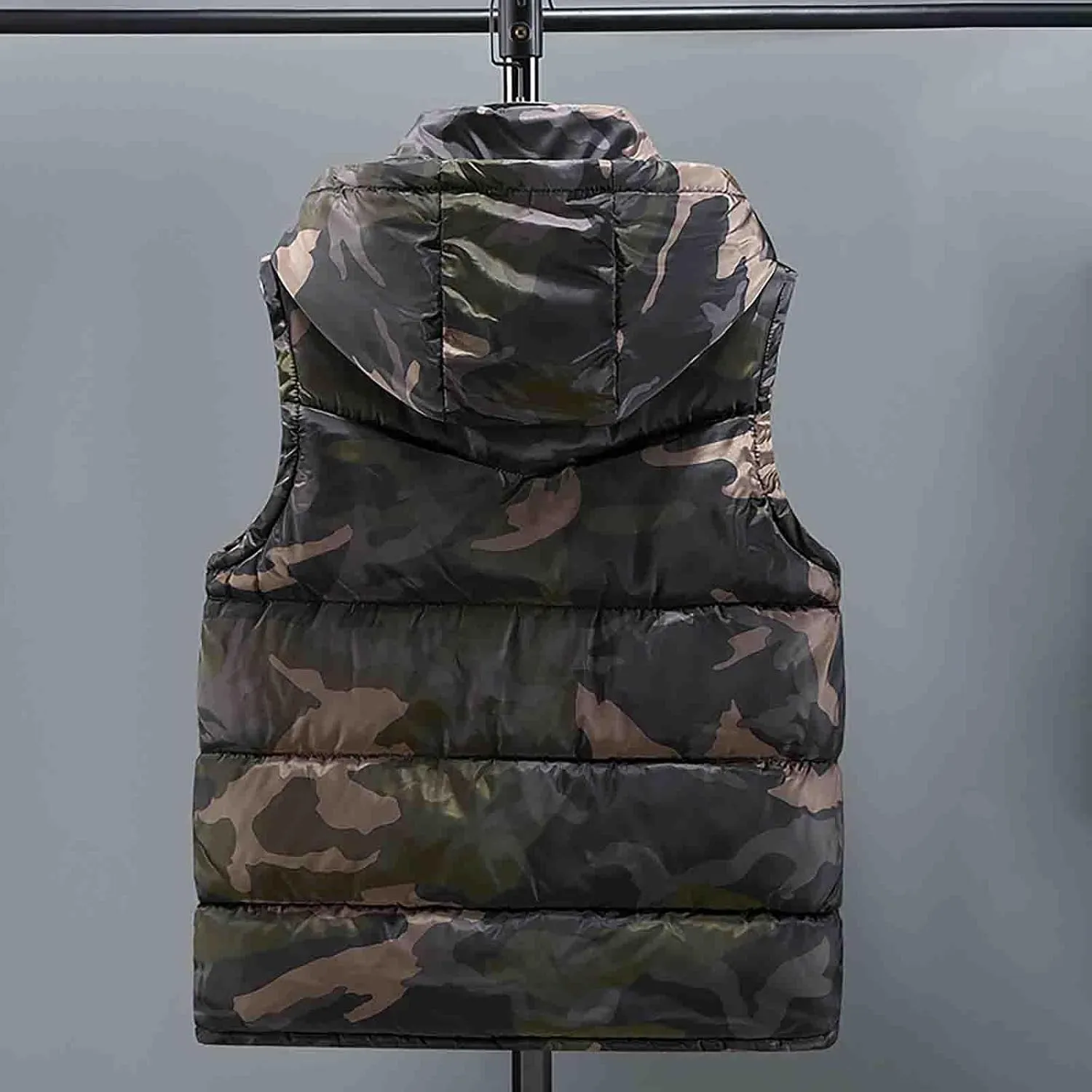 Mens Camo Puffer Vest Stand Collar Sleeveless Hoodies Running Vest Winter Zipper Quilted Jacket Outdoor Down Vest
