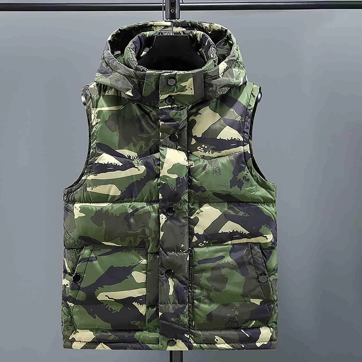 Mens Camo Puffer Vest Stand Collar Sleeveless Hoodies Running Vest Winter Zipper Quilted Jacket Outdoor Down Vest