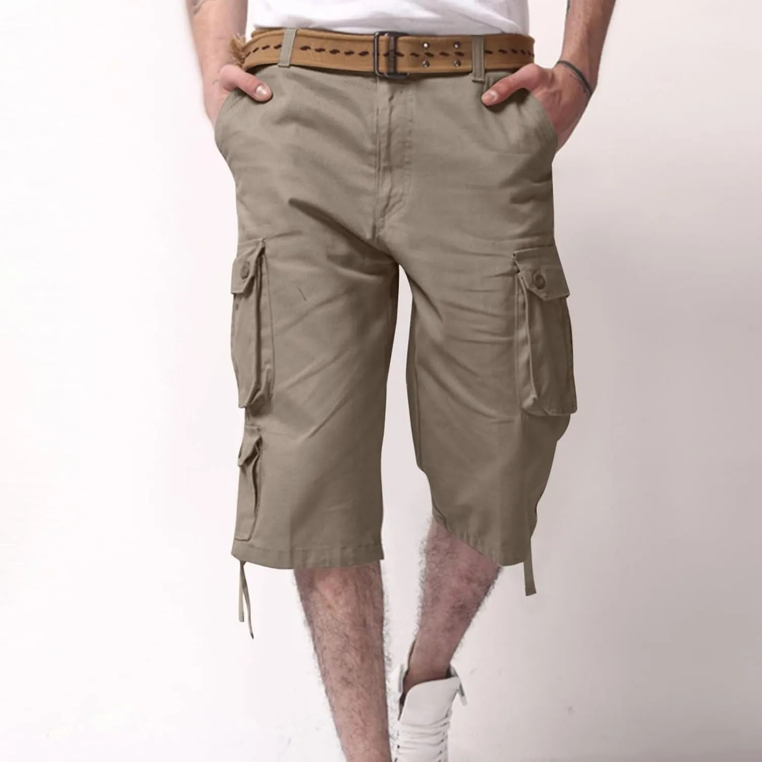 Mens Cargo 3/4 Pants Plus Size Soft Stretchy Outdoor Drawstring Work Pants Quick Dry Capri Pants Trousers for Gym
