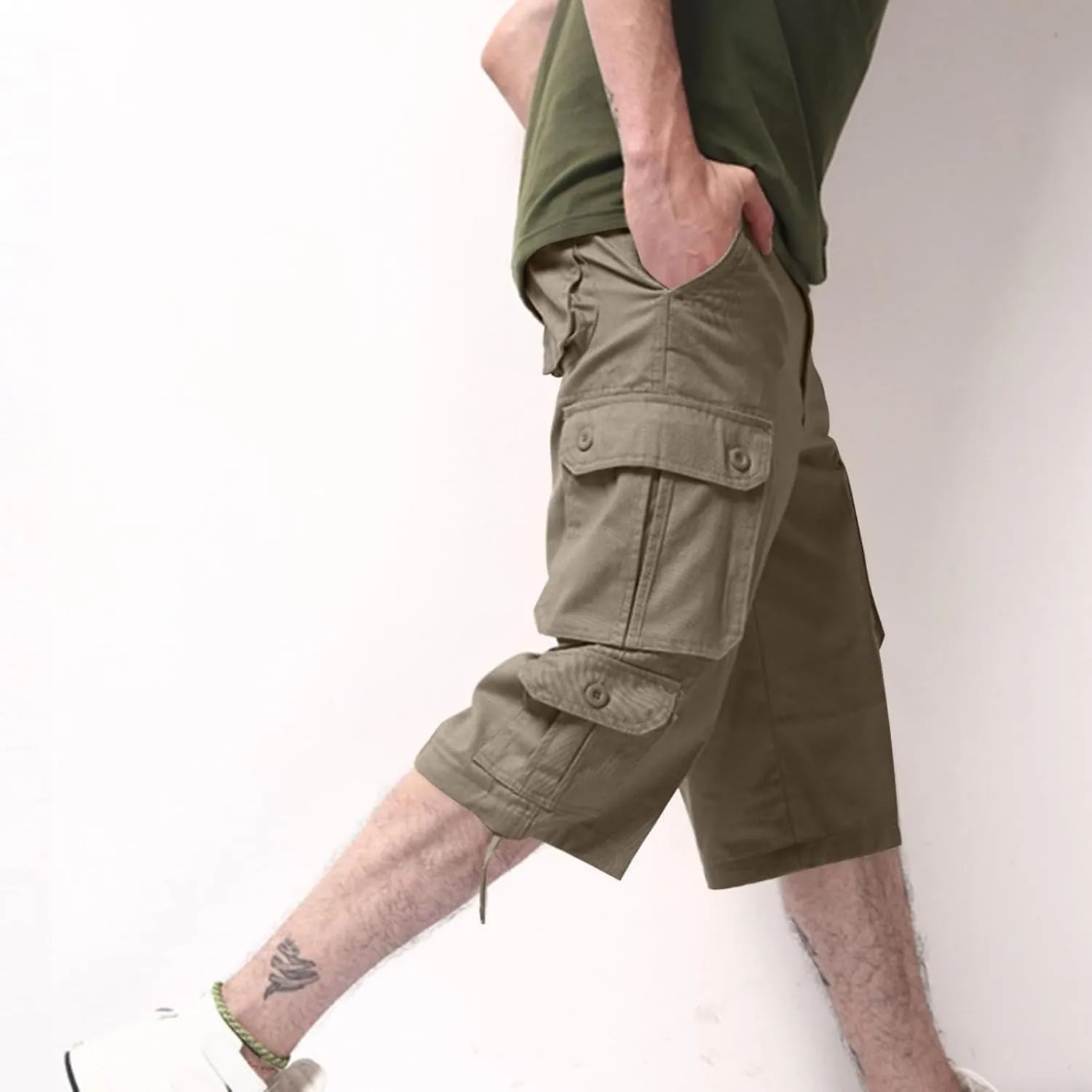 Mens Cargo 3/4 Pants Plus Size Soft Stretchy Outdoor Drawstring Work Pants Quick Dry Capri Pants Trousers for Gym