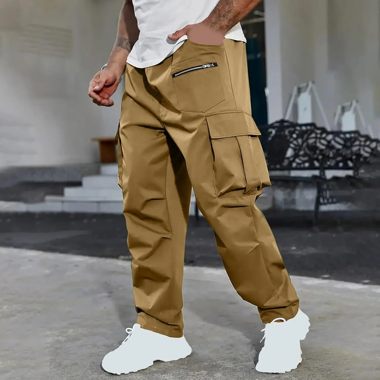 Men's Cargo Joggers Stretch Elastic Waist Drawsring Pants Casual Outdoor Workout Clothes for Men with Pockets