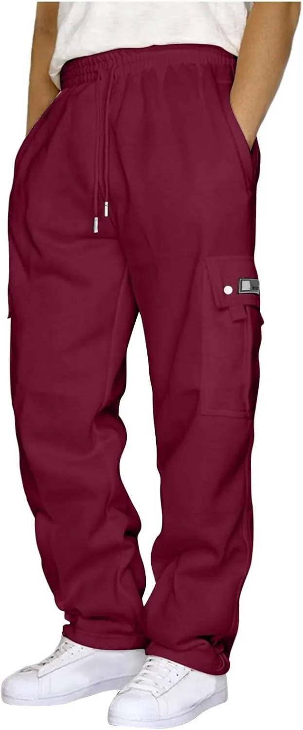 Mens Cargo Sweatpants Drawstring Athletic Pants Elastic Waist Baggy Joggers Overalls Casual Loose Fit Trousers