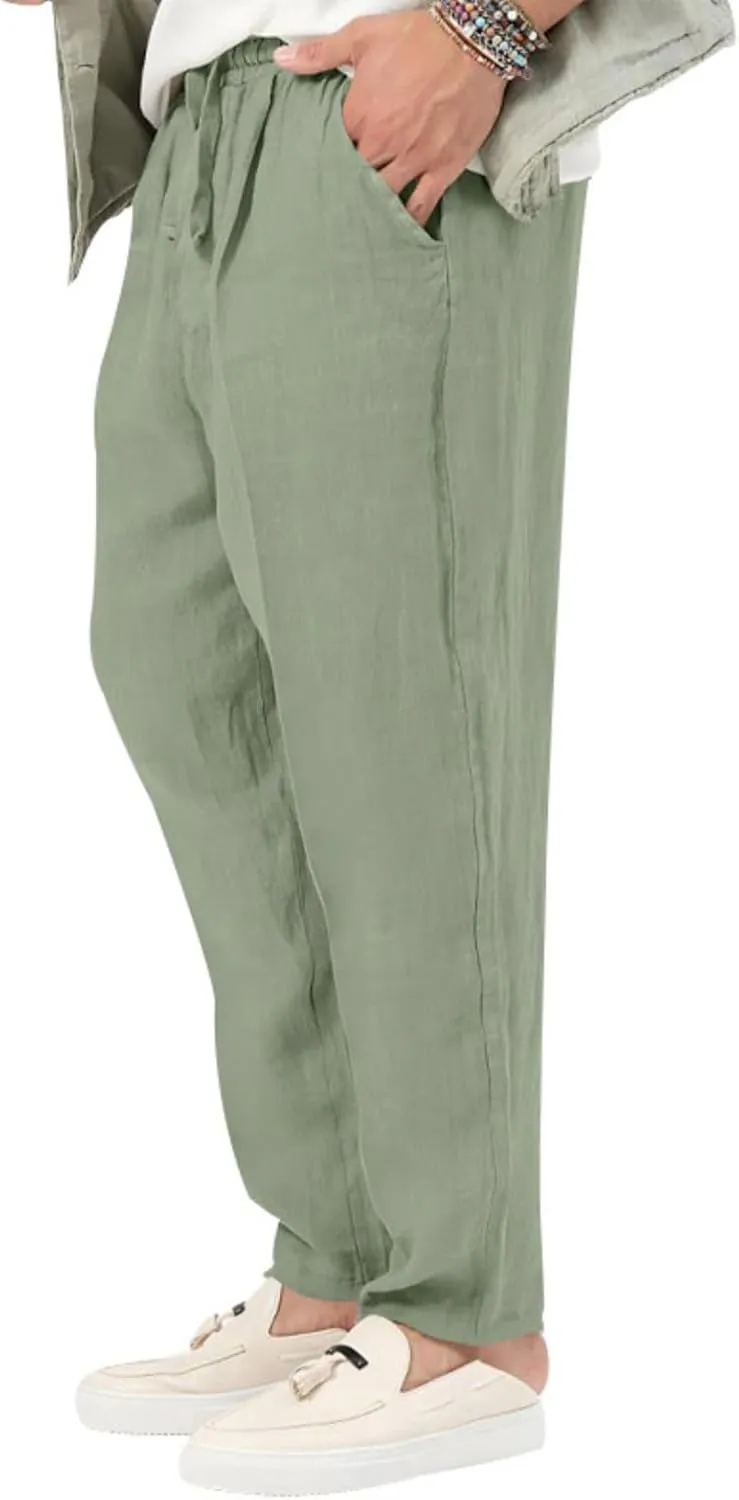 Mens Casual Linen Pants Drawstring Elastic Waist Loose Sweatpants Lightweight Straight Leg Outdoor Workout Trousers