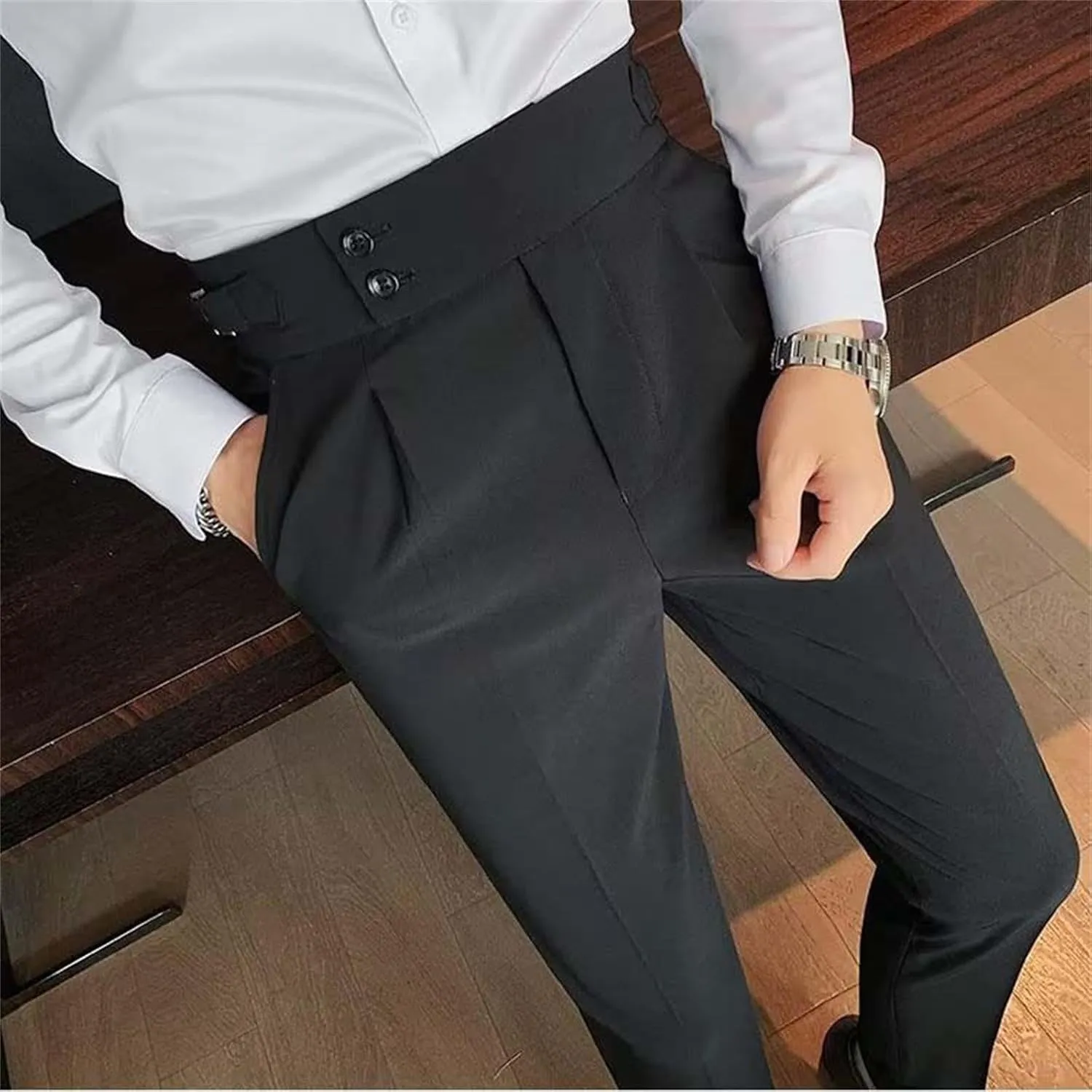 Mens Casual Pants Slim Fit High Waisted Straight Leg Dress Pants Lightweight Solid Color Business Work Pants Lounge Trousers