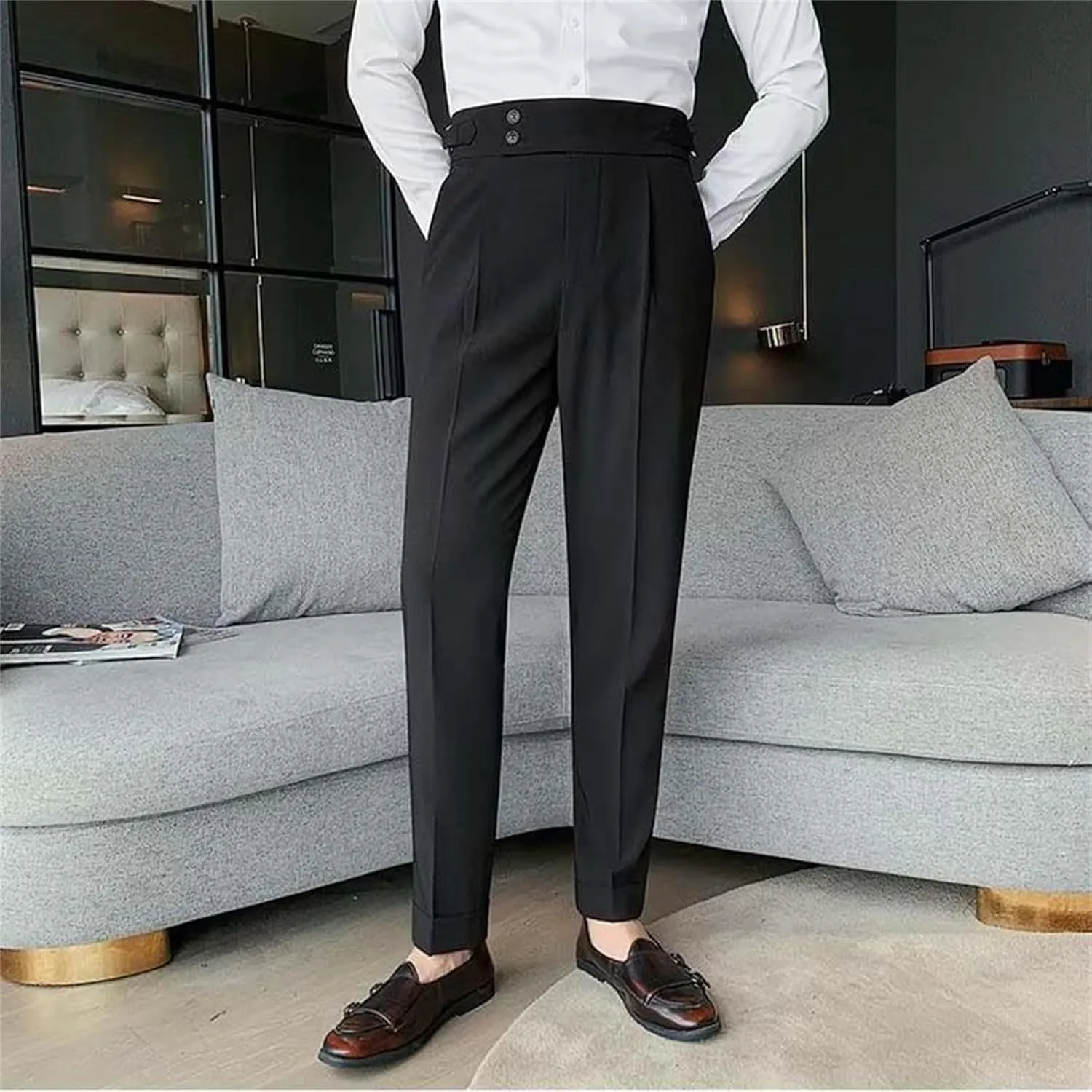 Mens Casual Pants Slim Fit High Waisted Straight Leg Dress Pants Lightweight Solid Color Business Work Pants Lounge Trousers