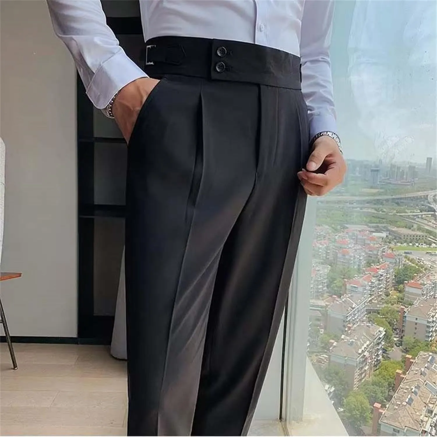 Mens Casual Pants Slim Fit High Waisted Straight Leg Dress Pants Lightweight Solid Color Business Work Pants Lounge Trousers