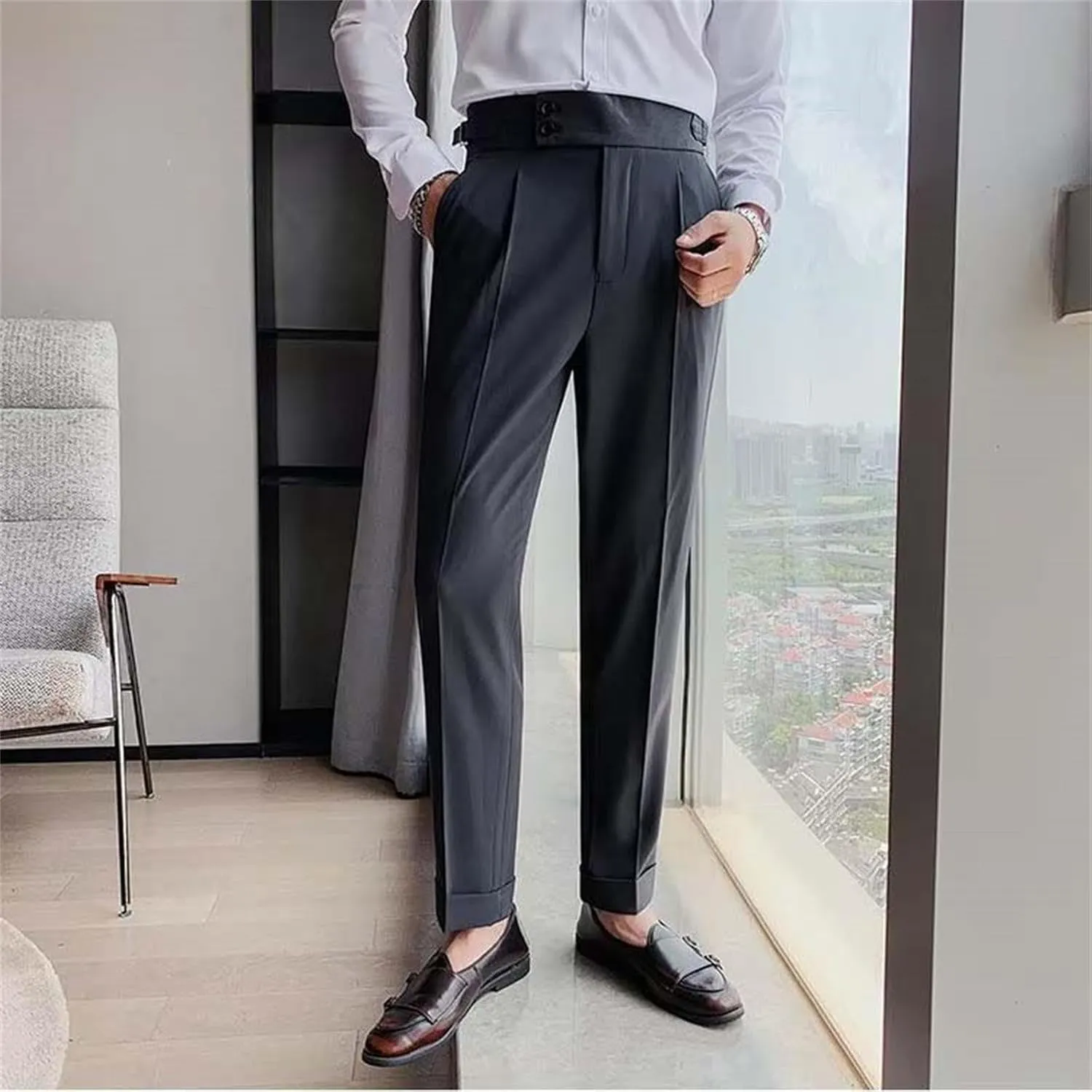Mens Casual Pants Slim Fit High Waisted Straight Leg Dress Pants Lightweight Solid Color Business Work Pants Lounge Trousers