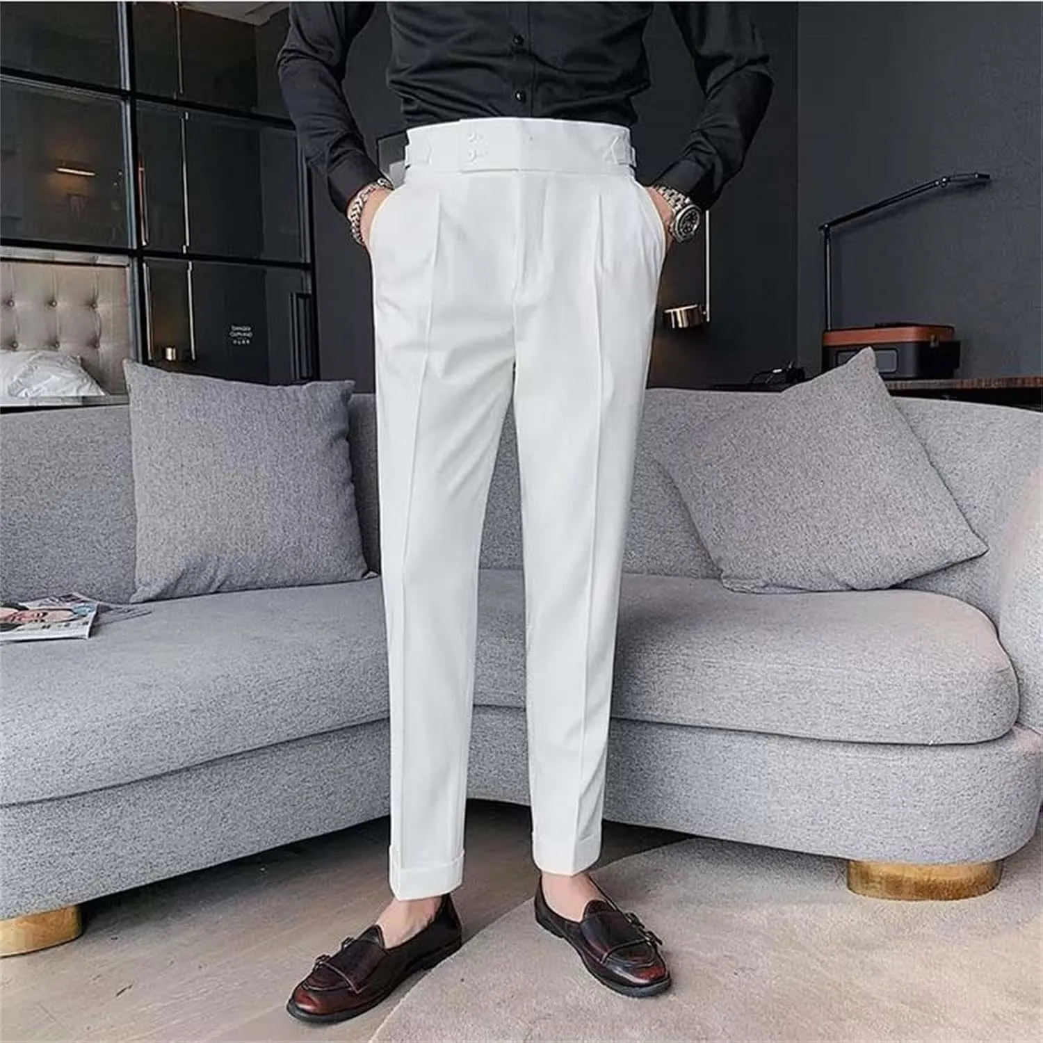 Mens Casual Pants Slim Fit High Waisted Straight Leg Dress Pants Lightweight Solid Color Business Work Pants Lounge Trousers