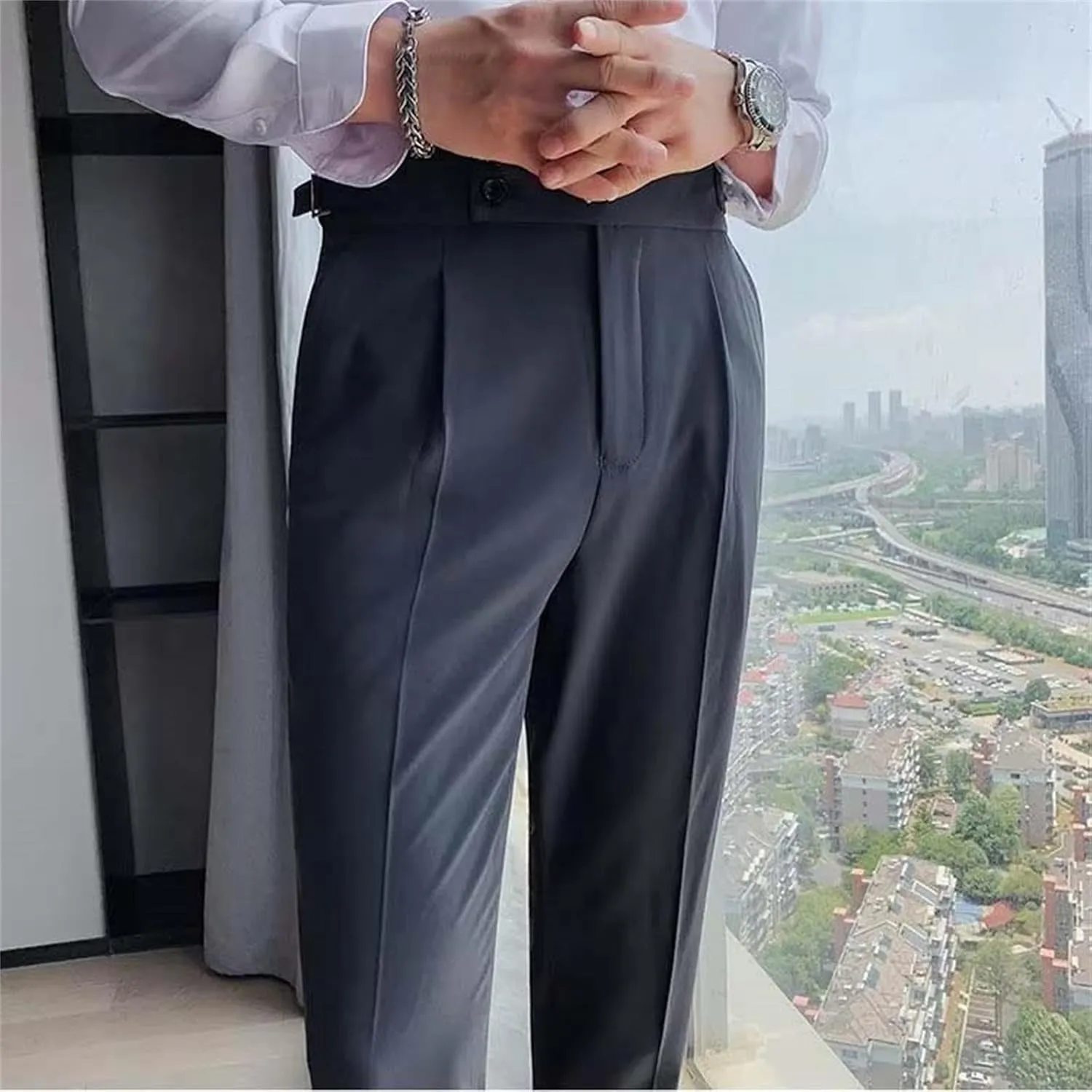 Mens Casual Pants Slim Fit High Waisted Straight Leg Dress Pants Lightweight Solid Color Business Work Pants Lounge Trousers