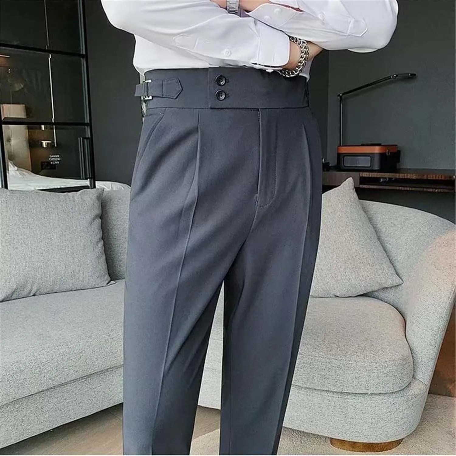 Mens Casual Pants Slim Fit High Waisted Straight Leg Dress Pants Lightweight Solid Color Business Work Pants Lounge Trousers