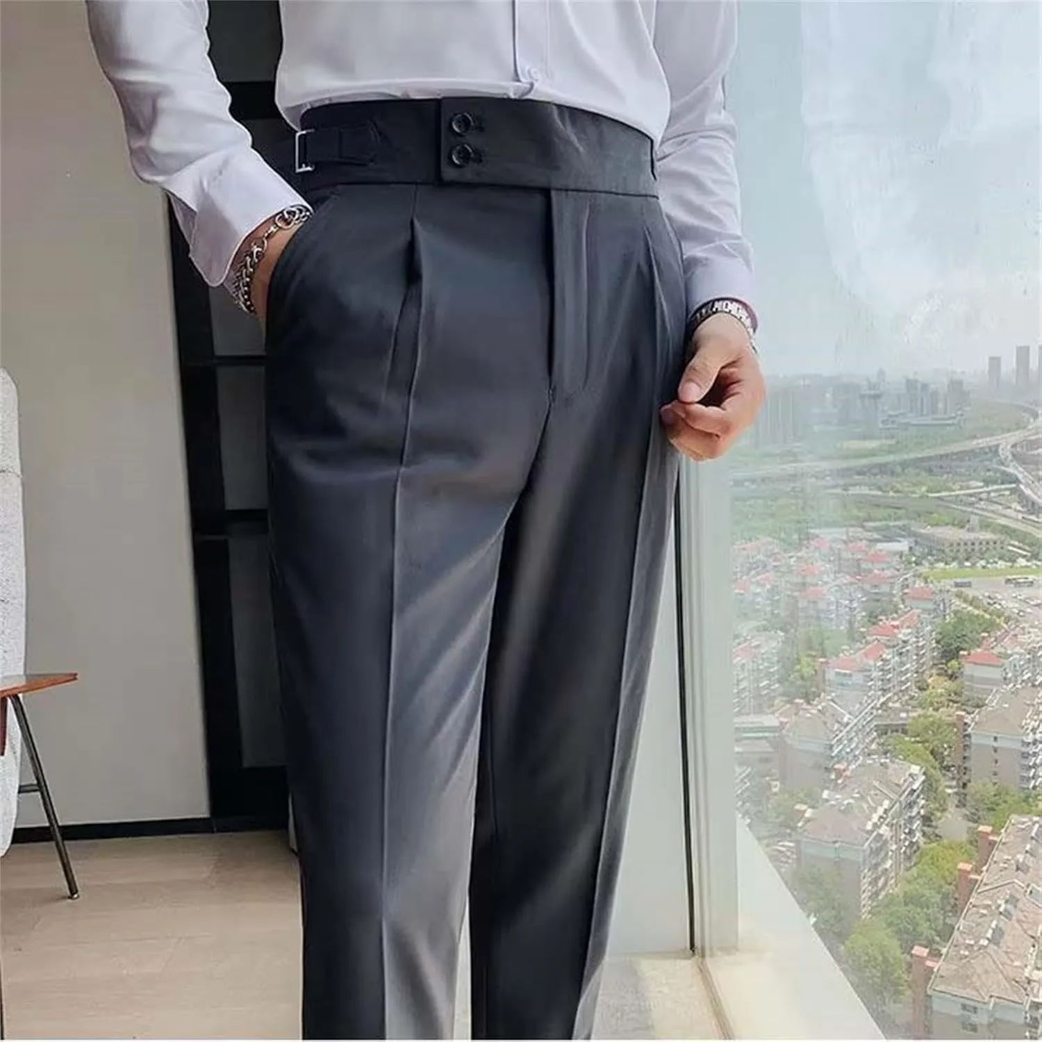 Mens Casual Pants Slim Fit High Waisted Straight Leg Dress Pants Lightweight Solid Color Business Work Pants Lounge Trousers