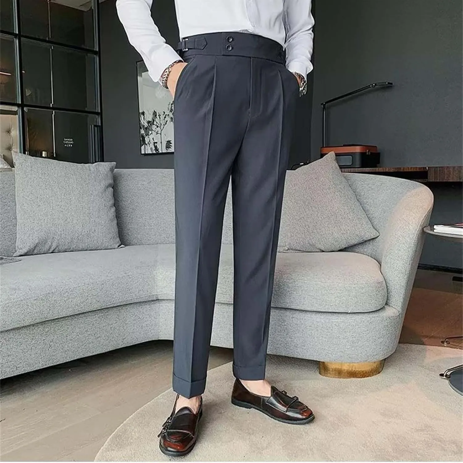 Mens Casual Pants Slim Fit High Waisted Straight Leg Dress Pants Lightweight Solid Color Business Work Pants Lounge Trousers