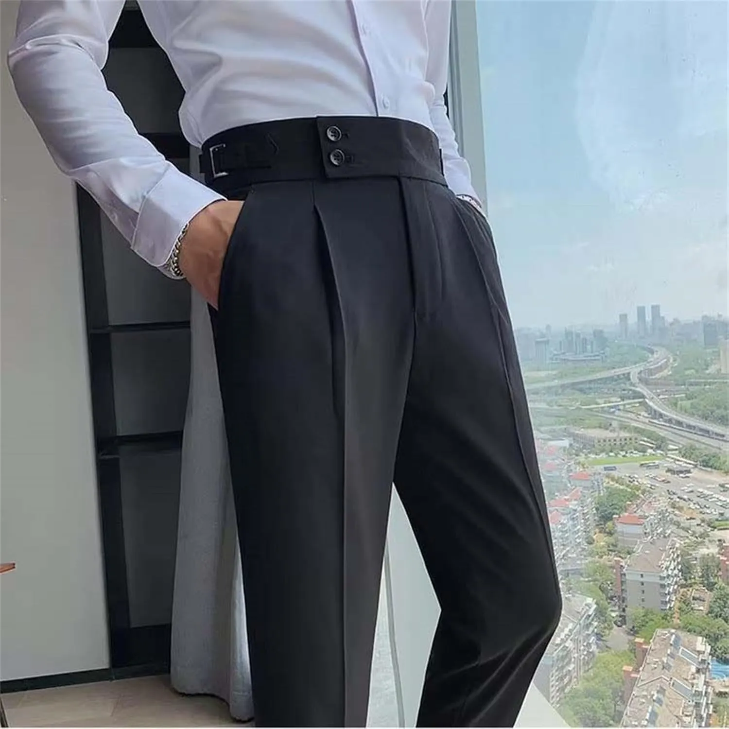 Mens Casual Pants Slim Fit High Waisted Straight Leg Dress Pants Lightweight Solid Color Business Work Pants Lounge Trousers