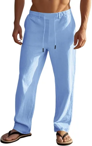 Mens Casual Workout Gym Pants Loose Fit Elastic Drawstring Waist Long Pants Cotton Linen Summer Yoga Beach Trousers