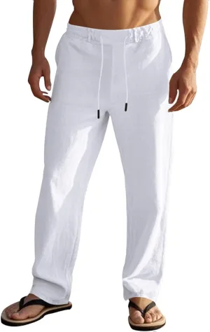 Mens Casual Workout Gym Pants Loose Fit Elastic Drawstring Waist Long Pants Cotton Linen Summer Yoga Beach Trousers