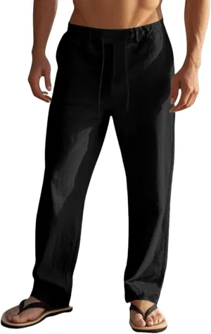 Mens Casual Workout Gym Pants Loose Fit Elastic Drawstring Waist Long Pants Cotton Linen Summer Yoga Beach Trousers