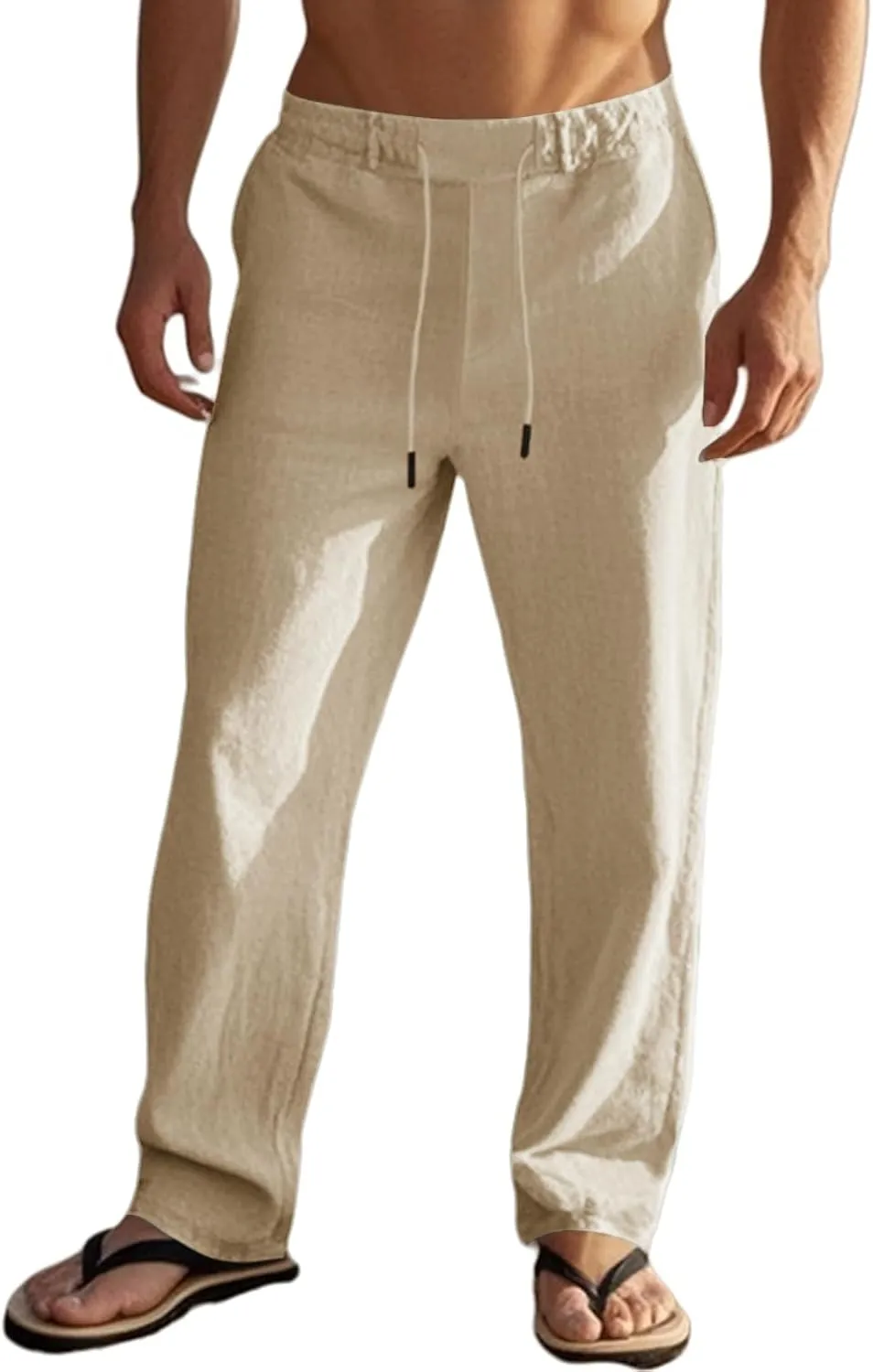 Mens Casual Workout Gym Pants Loose Fit Elastic Drawstring Waist Long Pants Cotton Linen Summer Yoga Beach Trousers