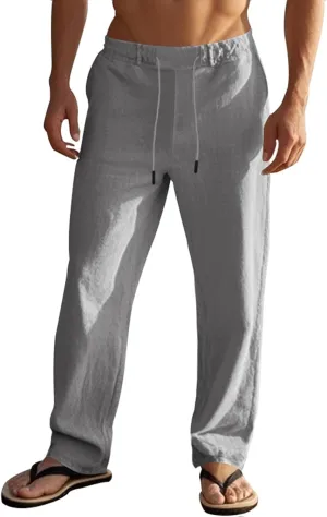 Mens Casual Workout Gym Pants Loose Fit Elastic Drawstring Waist Long Pants Cotton Linen Summer Yoga Beach Trousers