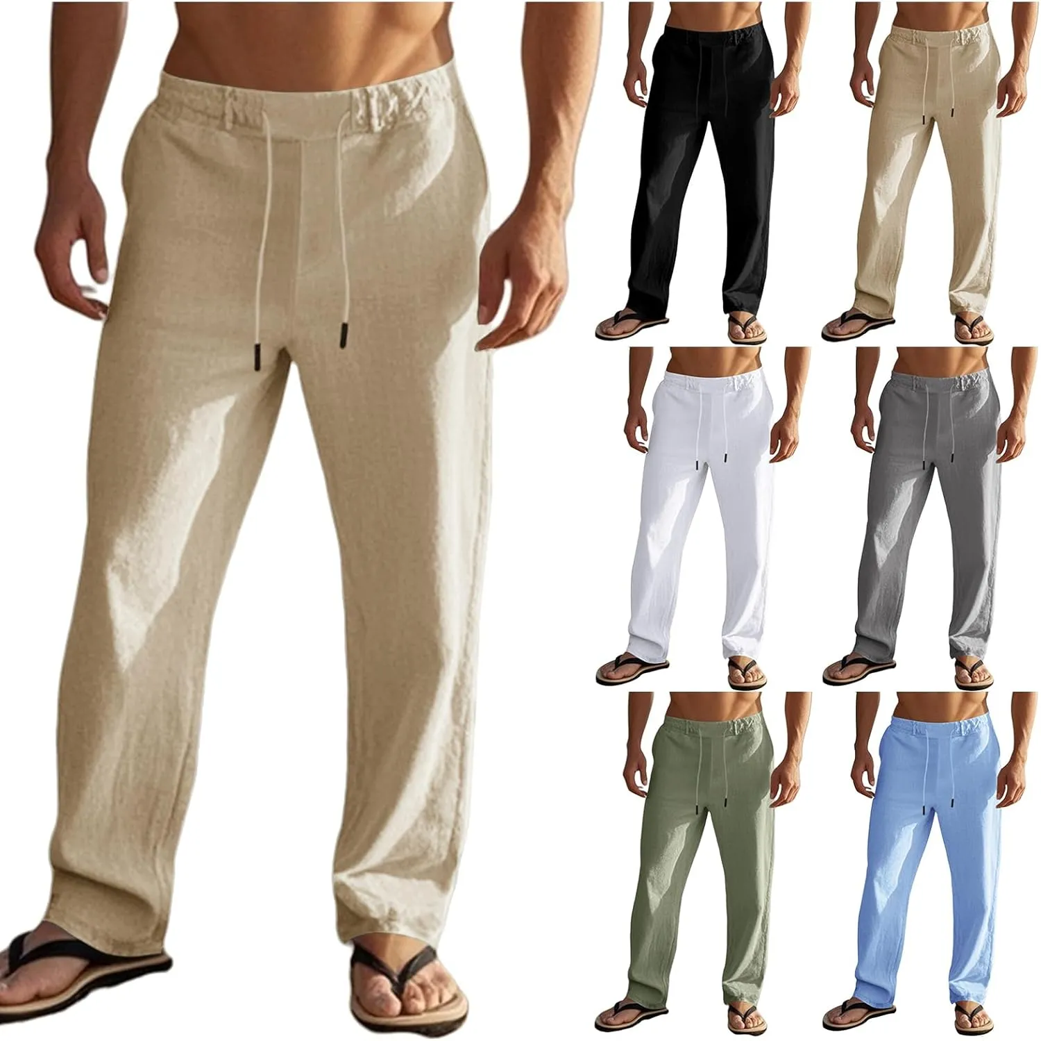 Mens Casual Workout Gym Pants Loose Fit Elastic Drawstring Waist Long Pants Cotton Linen Summer Yoga Beach Trousers