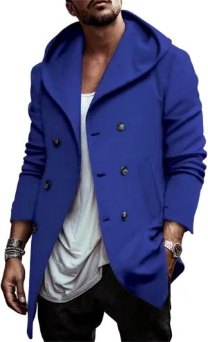 Mens Classic Pea Coat Hoodie Notched Collar Double Breasted Slim Fit Winter Warm Trench Coats for Men with Hood