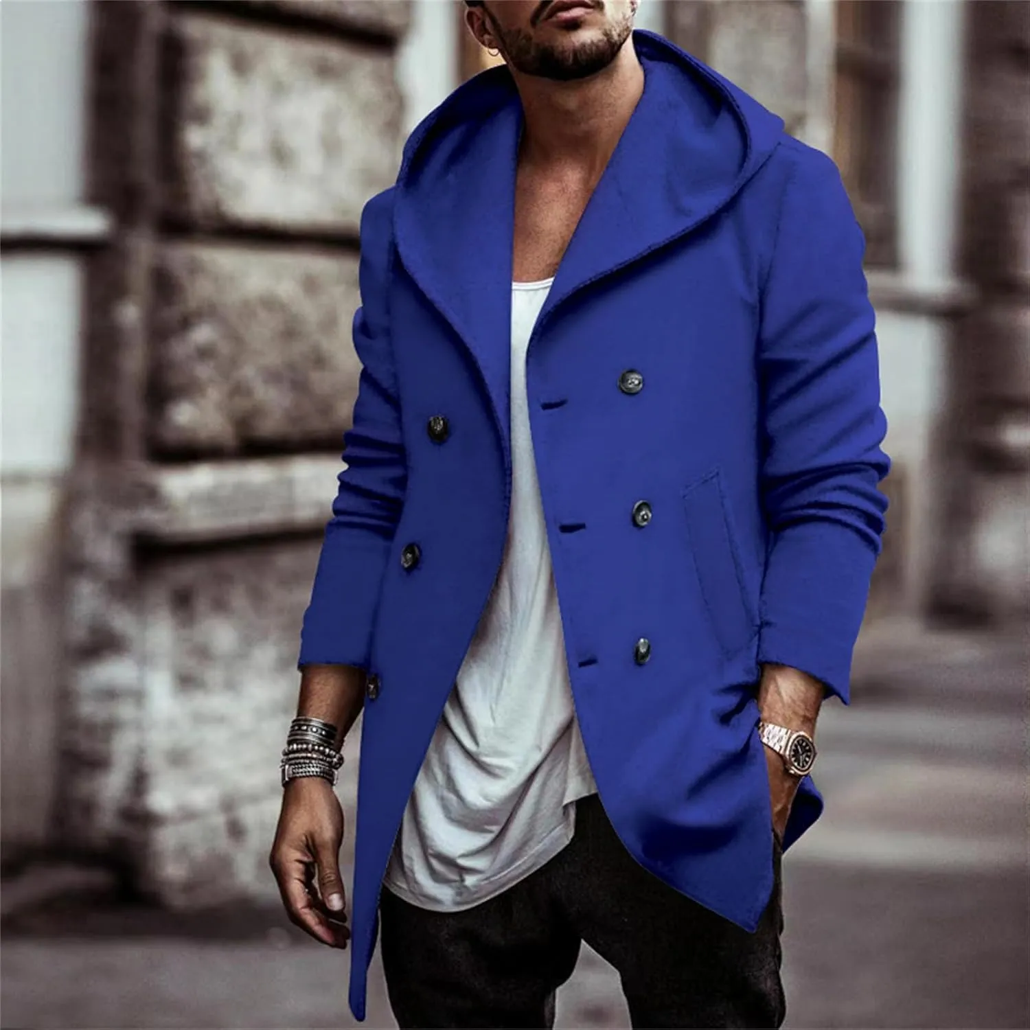 Mens Classic Pea Coat Hoodie Notched Collar Double Breasted Slim Fit Winter Warm Trench Coats for Men with Hood