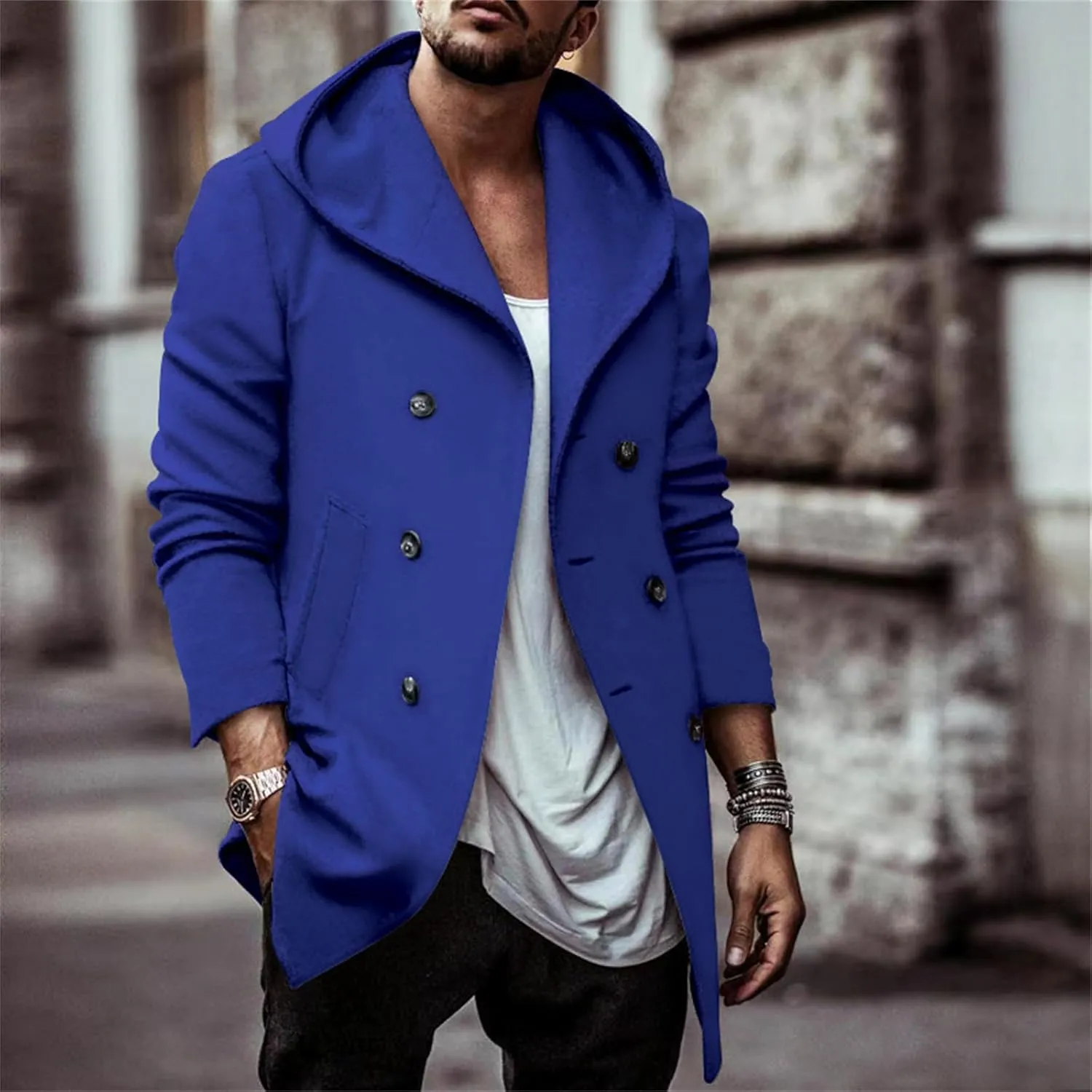 Mens Classic Pea Coat Hoodie Notched Collar Double Breasted Slim Fit Winter Warm Trench Coats for Men with Hood
