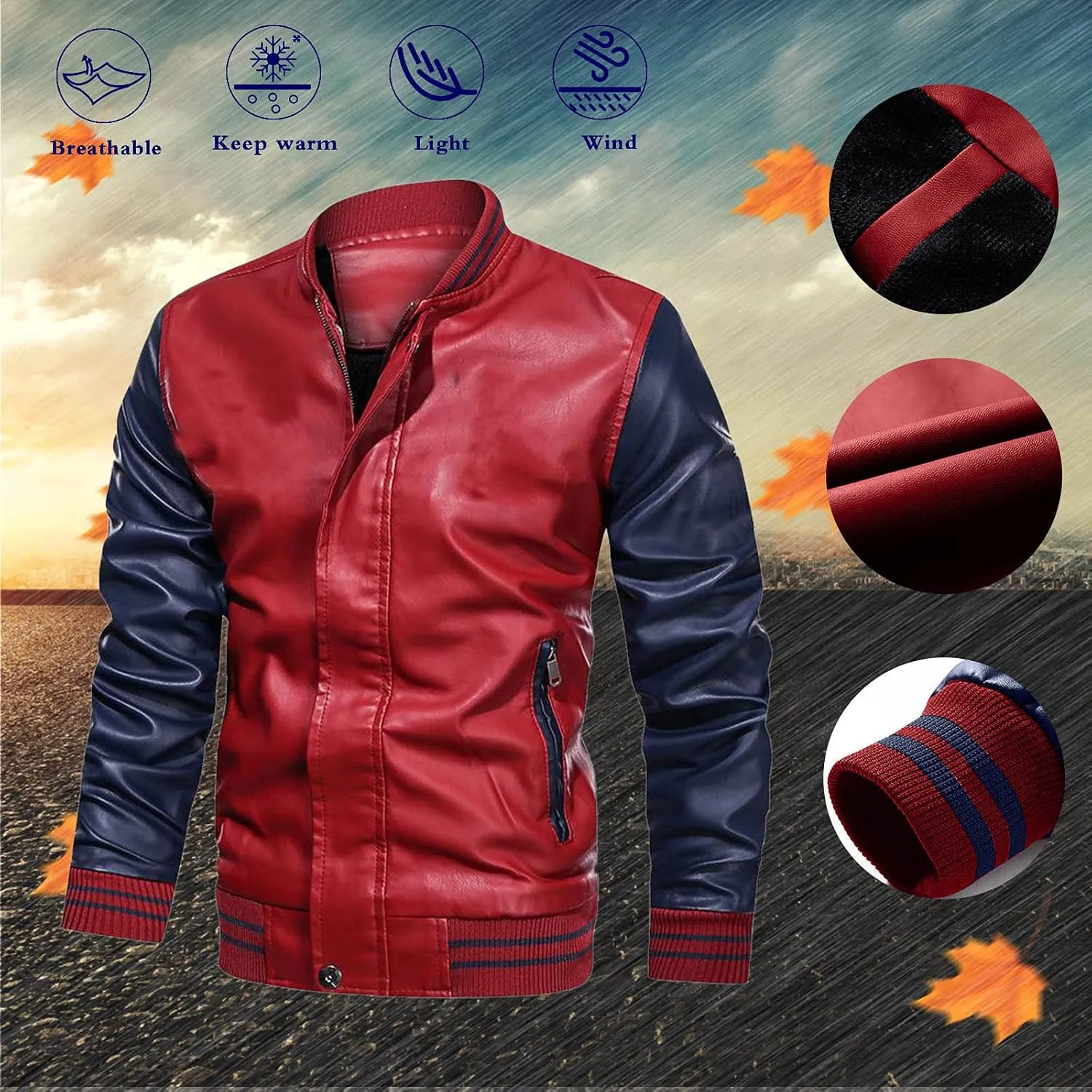 Mens Colorblock Fleece Lined Basketball Faux Leather Jacket Big and Tall Bomber Jacket with Pockets Waterproof Jackets