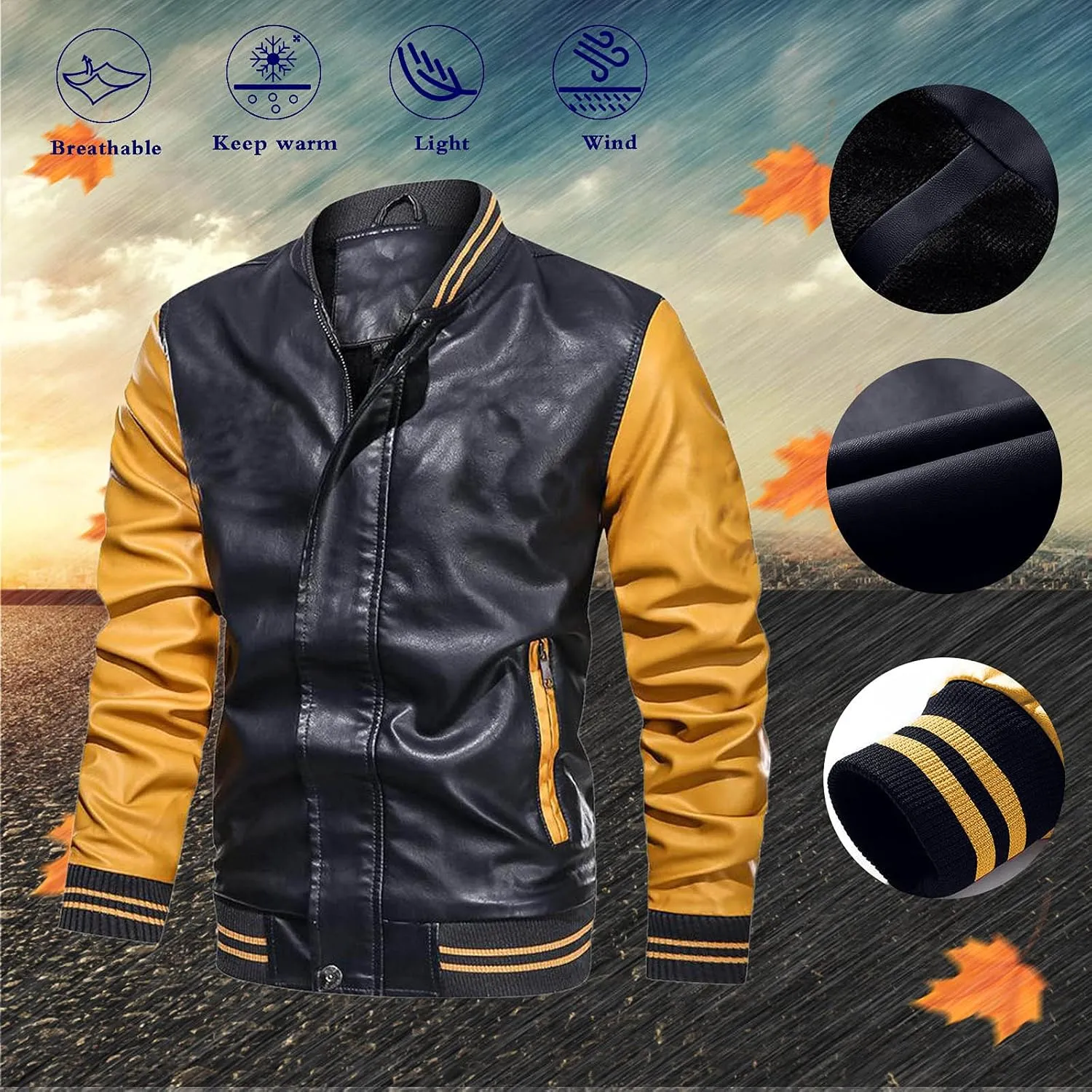 Mens Colorblock Fleece Lined Basketball Faux Leather Jacket Big and Tall Bomber Jacket with Pockets Waterproof Jackets