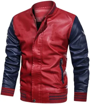 Mens Colorblock Fleece Lined Basketball Faux Leather Jacket Big and Tall Bomber Jacket with Pockets Waterproof Jackets