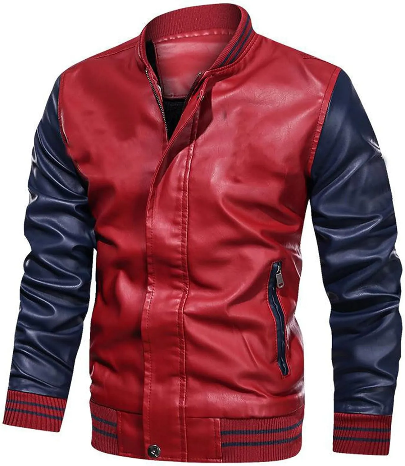Mens Colorblock Fleece Lined Basketball Faux Leather Jacket Big and Tall Bomber Jacket with Pockets Waterproof Jackets