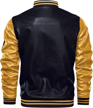 Mens Colorblock Fleece Lined Basketball Faux Leather Jacket Big and Tall Bomber Jacket with Pockets Waterproof Jackets