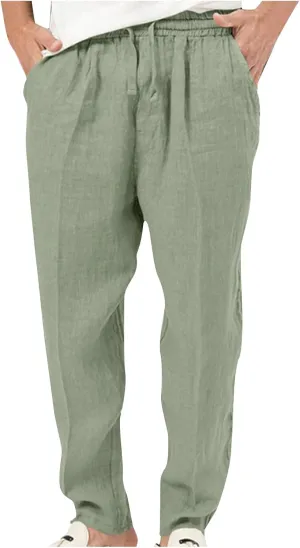 Men's Drawstring Linen Pants Elastic Waist Summer Casual Beach Pants Yoga Workout Trousers with Pockets