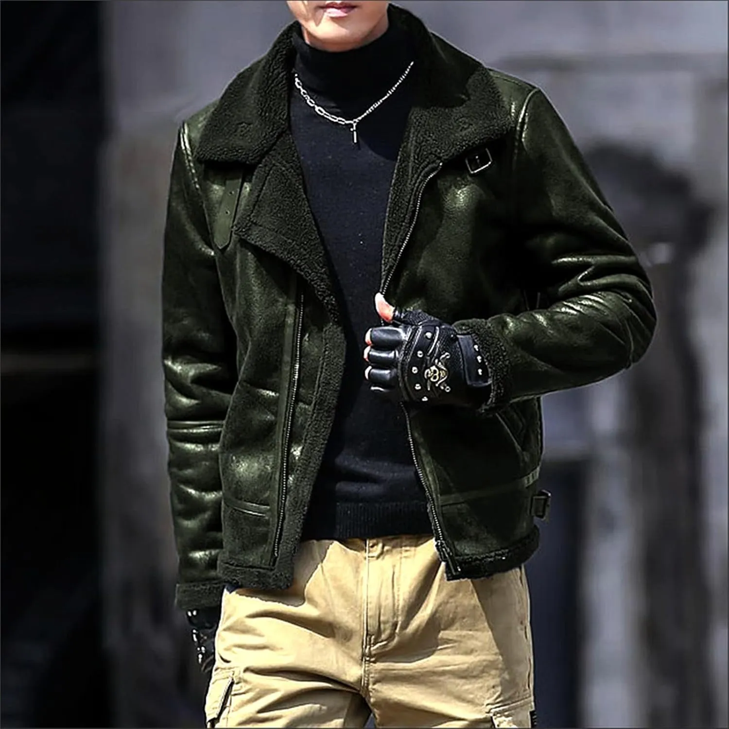 Men's Faux Leather Bomber Jacket Fleece Lined Motorcycle Jacket Waterproof Windproof Suede Moto Vintage Jackets Men